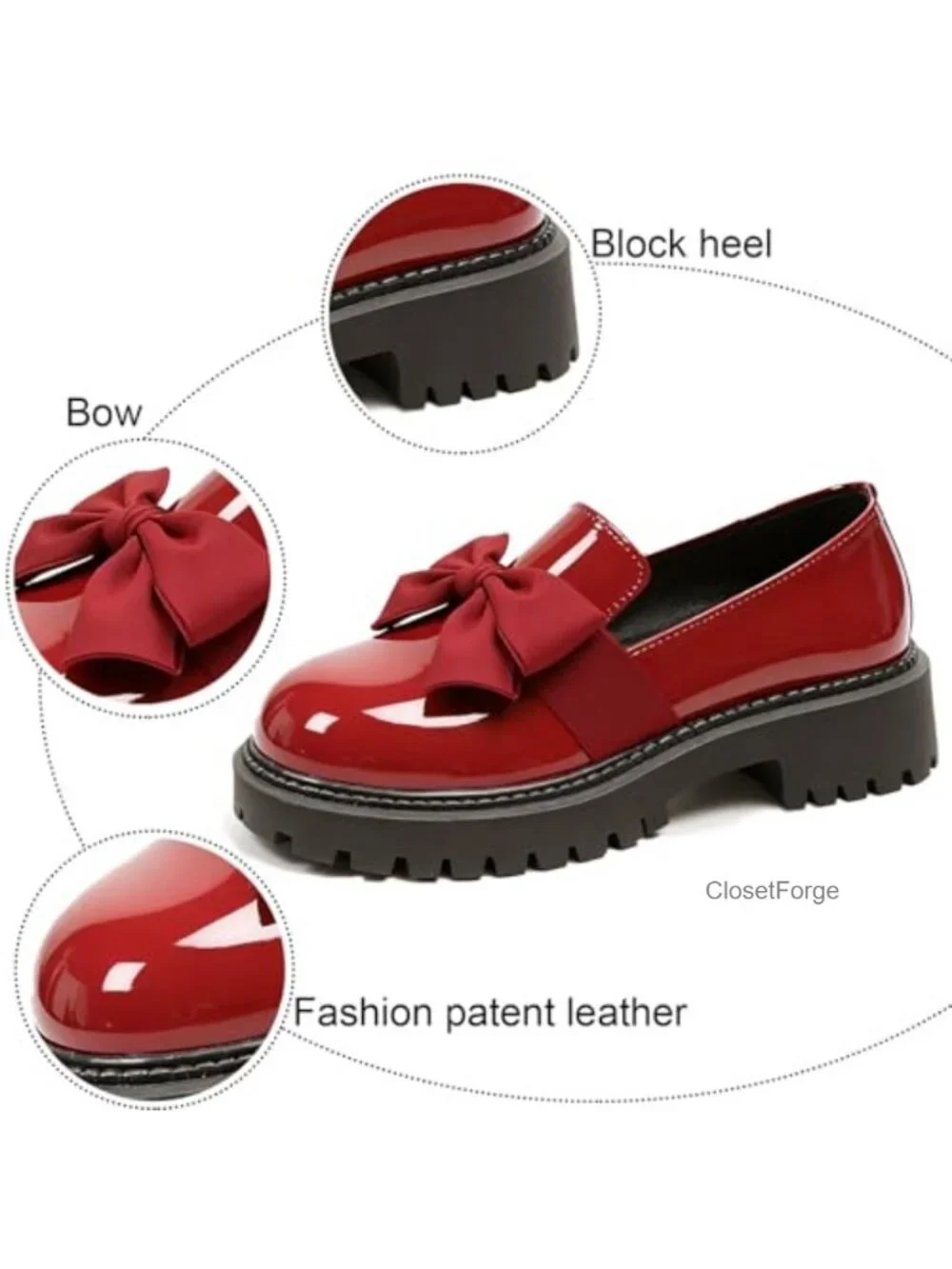 Patent Leather Chunky Heel Bow Loafers Round Toe Platform Non-Slip Lug Sole